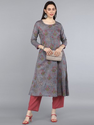 AHIKA Women Printed Flared Kurta(Grey)