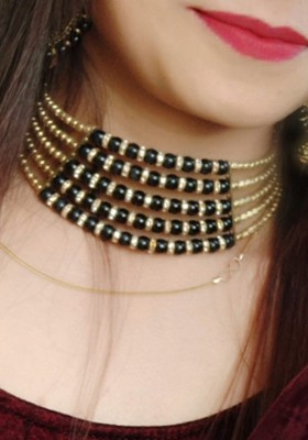 DF STORE Black Crystal Choker Necklace Pearl Gold-plated Plated Alloy Choker