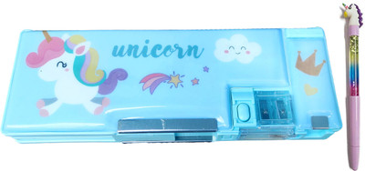 TECHNOCHITRA Unicorn Glossy Printed Dual Space Art Plastic Pencil Box(Set of 1, Blue)