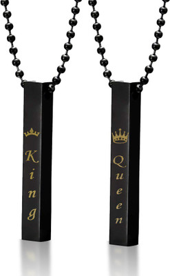 Uniqon King Crown & Queen Crown 3D Vertical Bar Cuboid Stick Custom Name Locket Pendant Stainless Steel