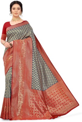 PEACOCK FASHION Woven Banarasi Jacquard, Art Silk Saree(Grey)