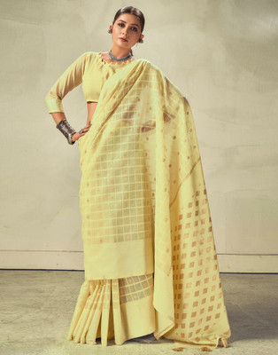 Satrani Embellished, Woven, Checkered Patola Cotton Blend Saree(Yellow)