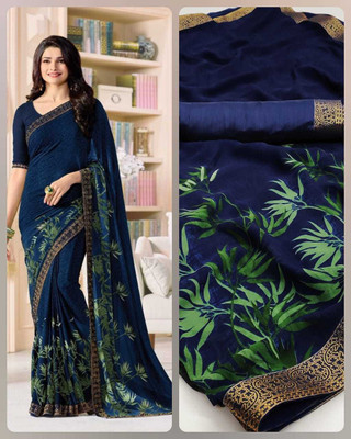 BLEESBURY Printed, Self Design, Digital Print, Embroidered, Floral Print, Solid/Plain Daily Wear Georgette, Chiffon Saree(Blue)