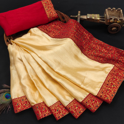 color bucket Self Design, Woven, Solid/Plain Bollywood Silk Blend Saree(Red, Cream)
