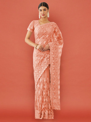SILK SAREE HUB Embroidered Bollywood Net Saree(Orange)