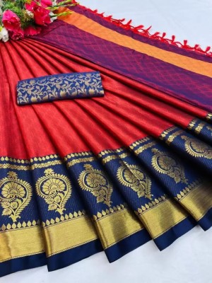 VILLAGIUS Woven Dharmavaram Jacquard, Cotton Silk Saree(Red)