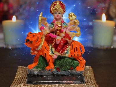 BERRYCRAVE DURGA MATA Idol PolyResin Statue Pooja Murti Car Home on Velvet Fabric Aasan Decorative Showpiece  -  12 cm(Polyresin, Multicolor)