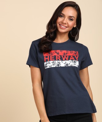 Herway Graphic Print Women Round Neck Dark Blue T-Shirt