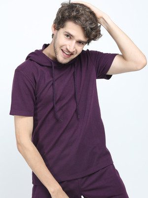 HIGHLANDER Solid Men Hooded Neck Purple T-Shirt