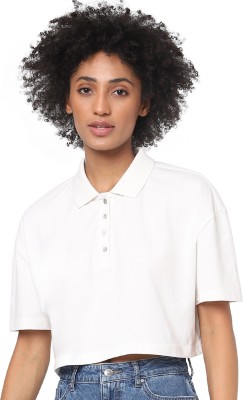 ONLY Solid Women Polo Neck White T-Shirt