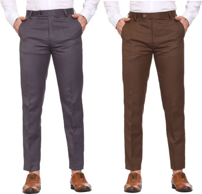 SYLZON Slim Fit Men Grey, Brown Trousers