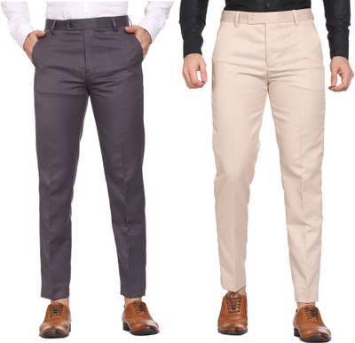 SYLZON Slim Fit Men Grey, Cream Trousers
