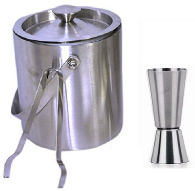 Dynore Double Walled Ice Bucket with Lid /Ice Tong /tall peg Measure 3 - Piece Bar Set(Steel)