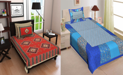 RIYA FABRICS 104 TC Cotton Single Jaipuri Prints Flat Bedsheet(Pack of 2, Multicolor)