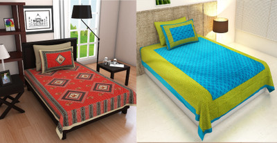 RIYA FABRICS 104 TC Cotton Single Jaipuri Prints Flat Bedsheet(Pack of 2, Multicolor)