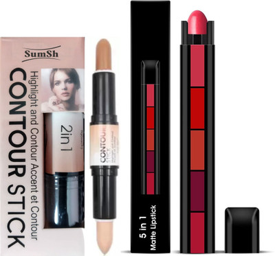 SumSh Highlighter and Contour Stick Concealer, 5 Matte Finish 5 in 1 Lipstick 7.5gm(2 Items in the set)