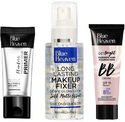 BLUE HEAVEN Makeup Base Primer (18g) , Long Lasting Makeup Fixer (60ml) & Fairness and Foundation BB Cream SPF15 (30gm)Primer - 78 ml(3 Items in the set)