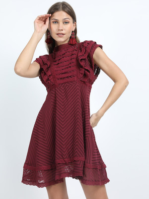 Tokyo Talkies Women Skater Maroon Above Knee/Mid Thigh Length Dress