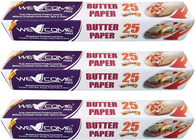 Welcome Food Wrapping Butter Paper 25m Microwave safe/Food Grade/Grease proof-Pack of 3 Paper Foil(Pack of 3, 75 m)