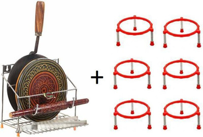Somkala Chakla/Belan Kitchen Rack Plastic, Steel Presents Combo of Pot/Matka Stand(pack of 6) for Multipurpose use & Steel 4 in 1