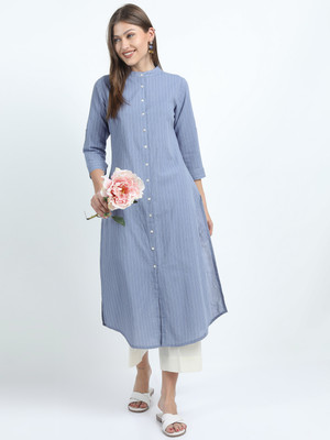 Vishudh Women Striped Straight Kurta(Blue)