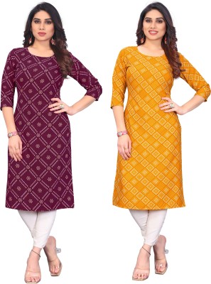 KILLARI Women Printed Straight Kurta(Purple, Yellow)