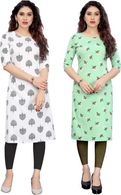 KILLARI Women Printed Straight Kurta(White, Light Green)