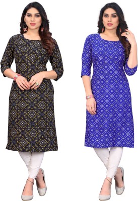 KILLARI Women Printed Straight Kurta(Blue, Black)