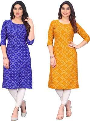 KILLARI Women Printed Straight Kurta(Blue, Yellow)