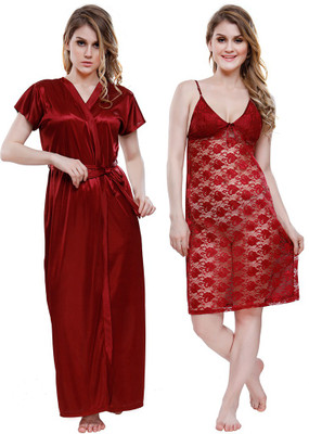 Gutthi Women Nighty with Robe(Red)