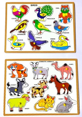 jaraglobal Wooden Domestic Animal & Bird Puzzle with Knob Educational Puzzle Tray for kids(18 Pieces)