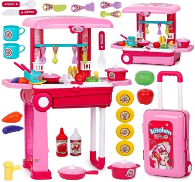 MyneeMoe ®2 in 1 Little Chef Trolley Kitchen Play Toy Set With Music & Light (Pink)