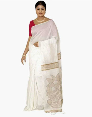 matri textile Printed Handloom Cotton Silk Saree(White)