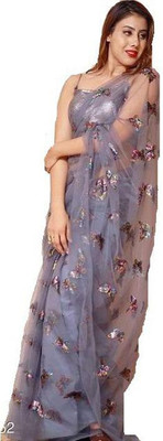 KALKANI BROTHERS Applique Bollywood Net Saree(Grey)