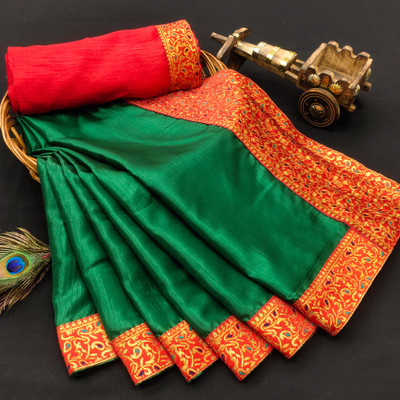 color bucket Self Design, Woven, Solid/Plain Bollywood Silk Blend Saree(Dark Green, Red)