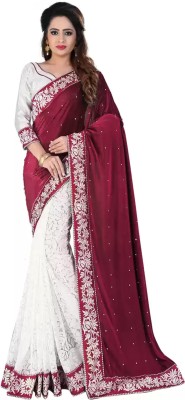 JANVI CREATION Self Design, Printed, Applique, Embroidered, Solid/Plain Bollywood Velvet Saree(Maroon)