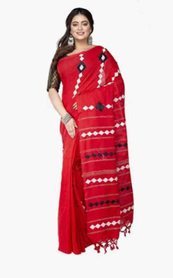 matri textile Applique Handloom Cotton Blend Saree(Red)