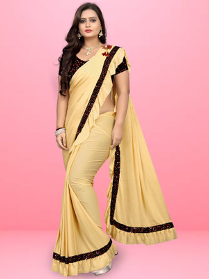 Mijaashree Fashion Solid/Plain Bollywood Lycra Blend Saree(Yellow)