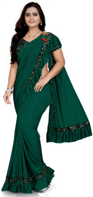 mirali creation Solid/Plain Bollywood Lycra Blend Saree(Dark Green)