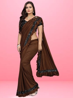 V AMAN FASHION Self Design Bollywood Lycra Blend Saree(Brown)