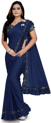 mirali creation Solid/Plain Bollywood Lycra Blend Saree(Blue)