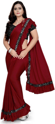 mirali creation Solid/Plain Bollywood Lycra Blend Saree(Red)