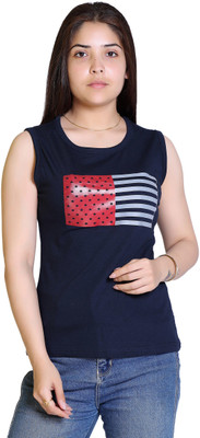 Ogarti Printed Women Round Neck Dark Blue T-Shirt