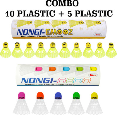 Nongi Badminton Shuttle (Emoz & NEON) COMBO Pack of 15 for Indoor Outdoor Sports Plastic Shuttle  - White(Medium, 77, Pack of 15)