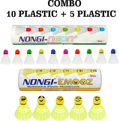 Nongi Badminton shuttle (Neonplus & Emoz) COMBO Pack of 15 shuttle for Badminton sport Plastic Shuttle  - White(Medium, 77, Pack of 15)
