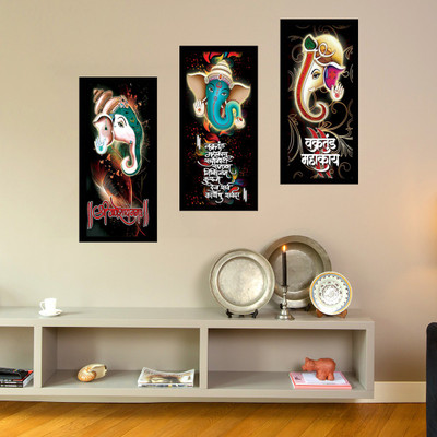 Ordershock 45.72 cm Set of 3 Shri Ganesh Ji Wall Frame Poster Lighting Beautiful Self Adhesive Sticker(Pack of 3)