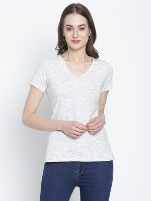 moonaah Solid Women V Neck White T-Shirt