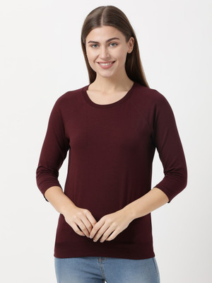 JOCKEY Solid Women Round Neck Maroon T-Shirt