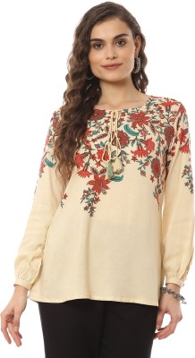 RANGRITI Casual Printed, Floral Print Women Maroon, Beige Top