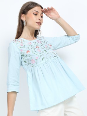 Vishudh Casual Floral Print Women Light Blue Top